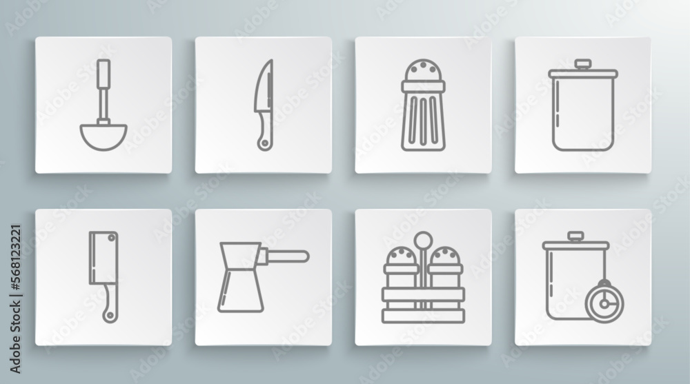 Set line Meat chopper, Knife, Coffee turk, Salt and pepper, Cooking pot kitchen timer, and Kitchen ladle icon. Vector Set line Meat chopper, Knife, Coffee turk, Salt and pepper, Cooking pot kitchen timer, and Kitchen ladle icon. Vector