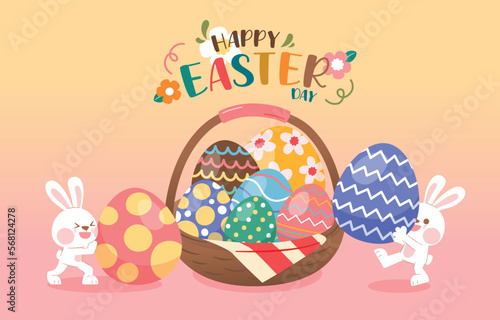 Rabbit Carry Colorful Easter Egg To Basket, Vector, Illustration