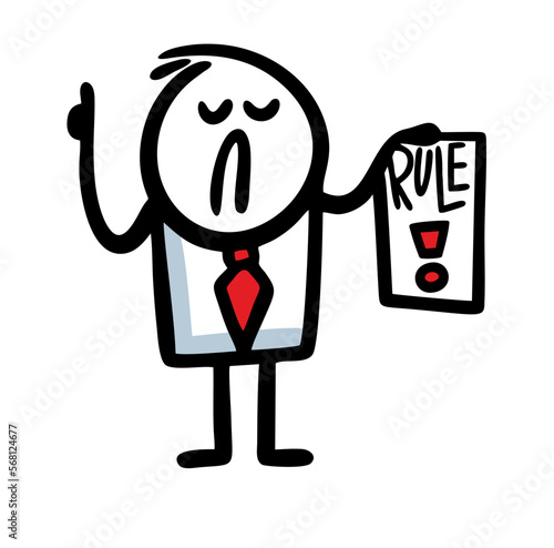 Funny strict man in business suit holds a list of rules and attracts attention.