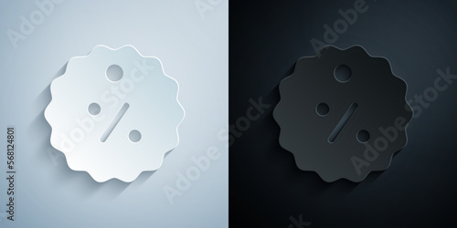 Paper cut Discount percent tag icon isolated on grey and black background. Shopping tag sign. Special offer sign. Discount coupons symbol. Paper art style. Vector