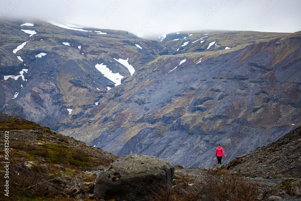 A girl wearing pink jacket walks toward a massive, powerful mountain with snow in the southern land of ice