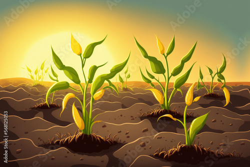 SEEDLINGS OF MAIZE. During a drought, the sun rises over a field of young corn plants. Young plants already exhibit indicators of stress. They will wilt if it doesn't rain soon. Generative AI photo