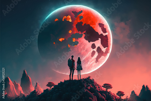 landscape with moon, Valentines day couple on hill Moon in the background 3d Anime Style illustration. Generative Ai