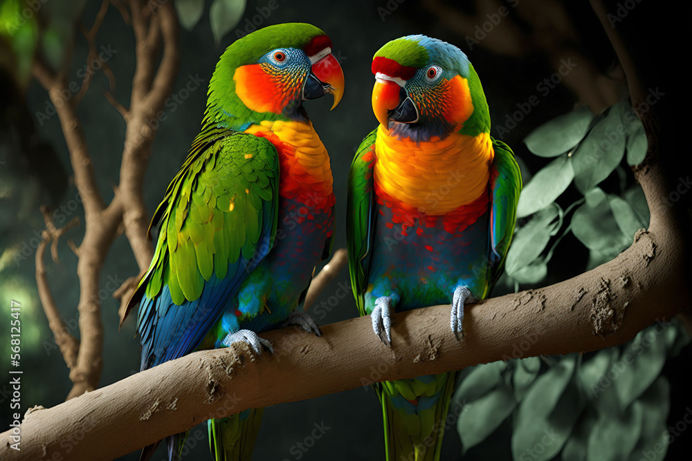 blue and yellow macaw, Love Birds Parrots on a tree branch, Valentine's Day Love illustration Generative Ai