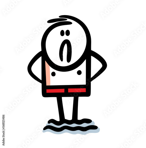 Funny disgruntled man in swimming trunks is standing in the cold water of the sea on vacation on vacation.