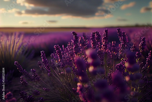 Large lavender field, green plantation eco farm, sunset sunlight, summer flowering field. Generative AI