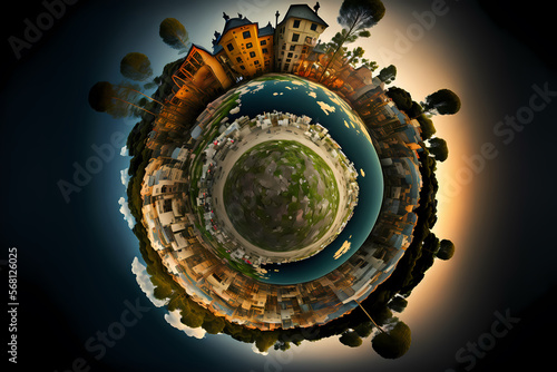Fototapeta Naklejka Na Ścianę i Meble -  Tiny planet of a fantasy place in the earth where we see urban and nature in the same image Generative Ai