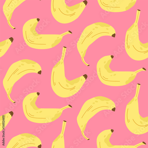 Seamless banana pattern on pink background in cartoon style. Ripe yellow bananas in the peel.