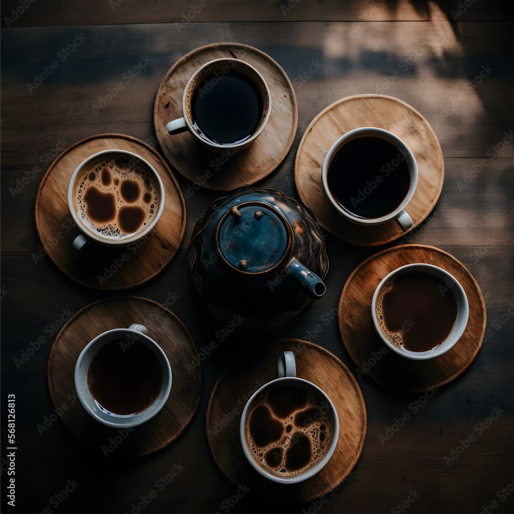 Hot coffee cup set on wooden table made with Generative AI technology Hot coffee cup set on wooden table made with Generative AI technology