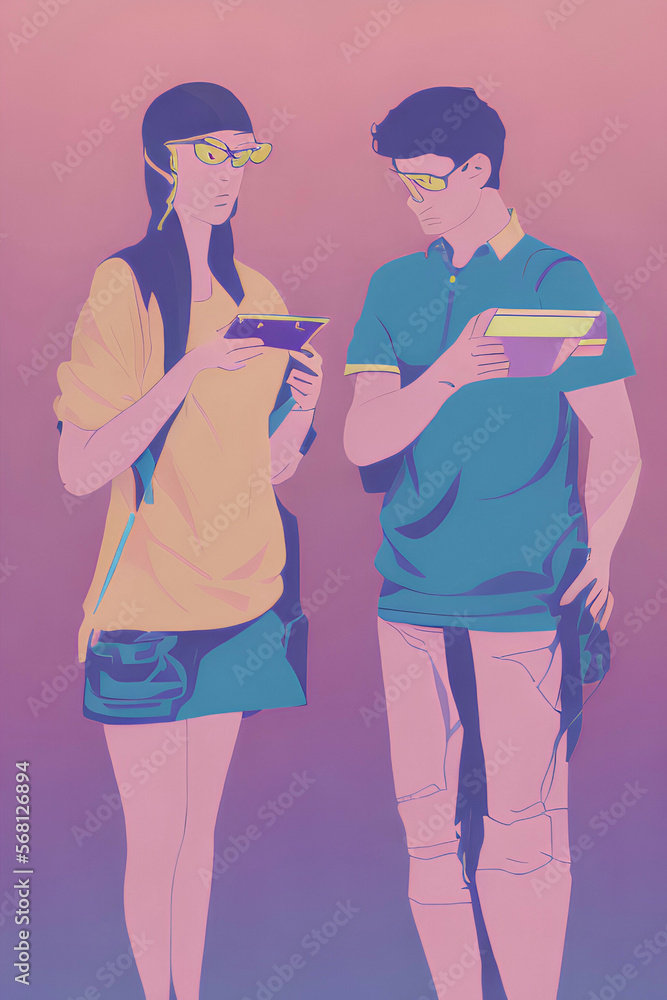abstract illustration design of fictional people using digital devices in colourful vector art style, generative ai