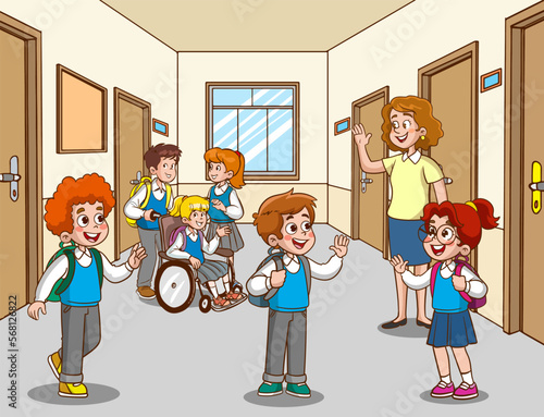teacher and students greet at school cartoon vector 
