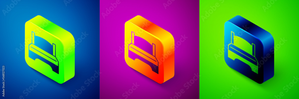 Isometric Big bed for two or one person icon isolated on blue, purple and green background. Square button. Vector Isometric Big bed for two or one person icon isolated on blue, purple and green background. Square button. Vector