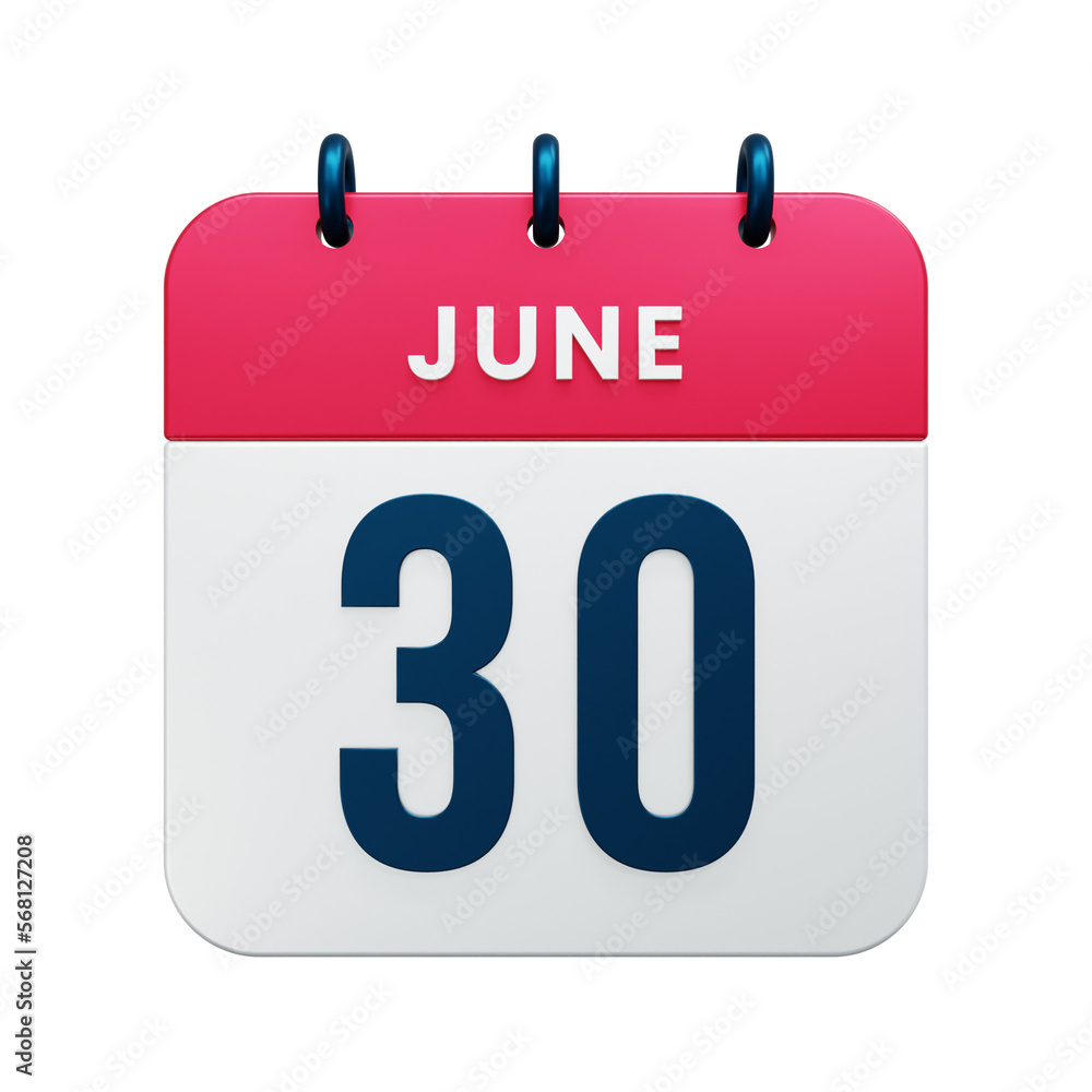 June Realistic Calendar Icon 3D Rendered Date June 30 June Realistic Calendar Icon 3D Rendered Date June 30