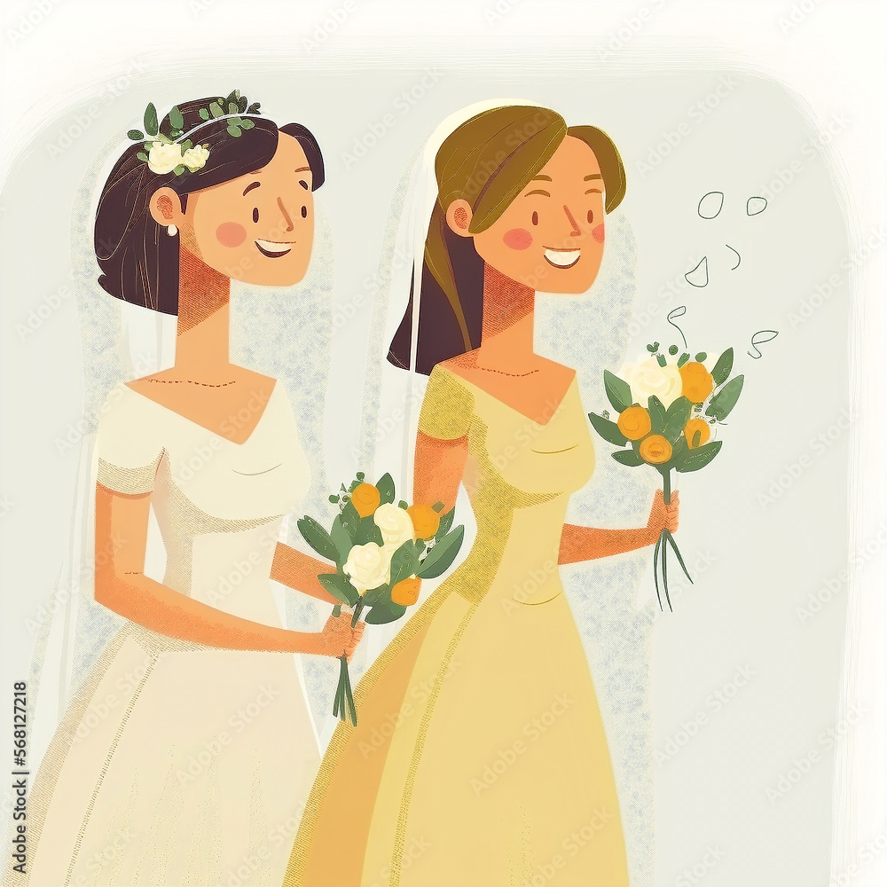 White gay lesbians getting married, bride and bride, illustration of wedding ceremony, white newly weds in wedding ceremony wearing traditional dress, in love. White gay lesbians getting married, bride and bride, illustration of wedding ceremony, white newly weds in wedding ceremony wearing traditional dress, in love.
