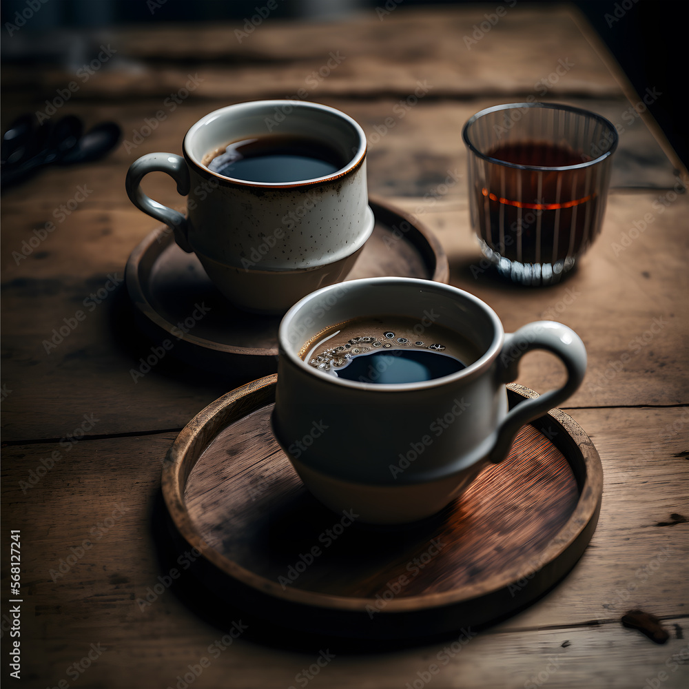 Hot coffee cup set on wooden table made with Generative AI technology Hot coffee cup set on wooden table made with Generative AI technology