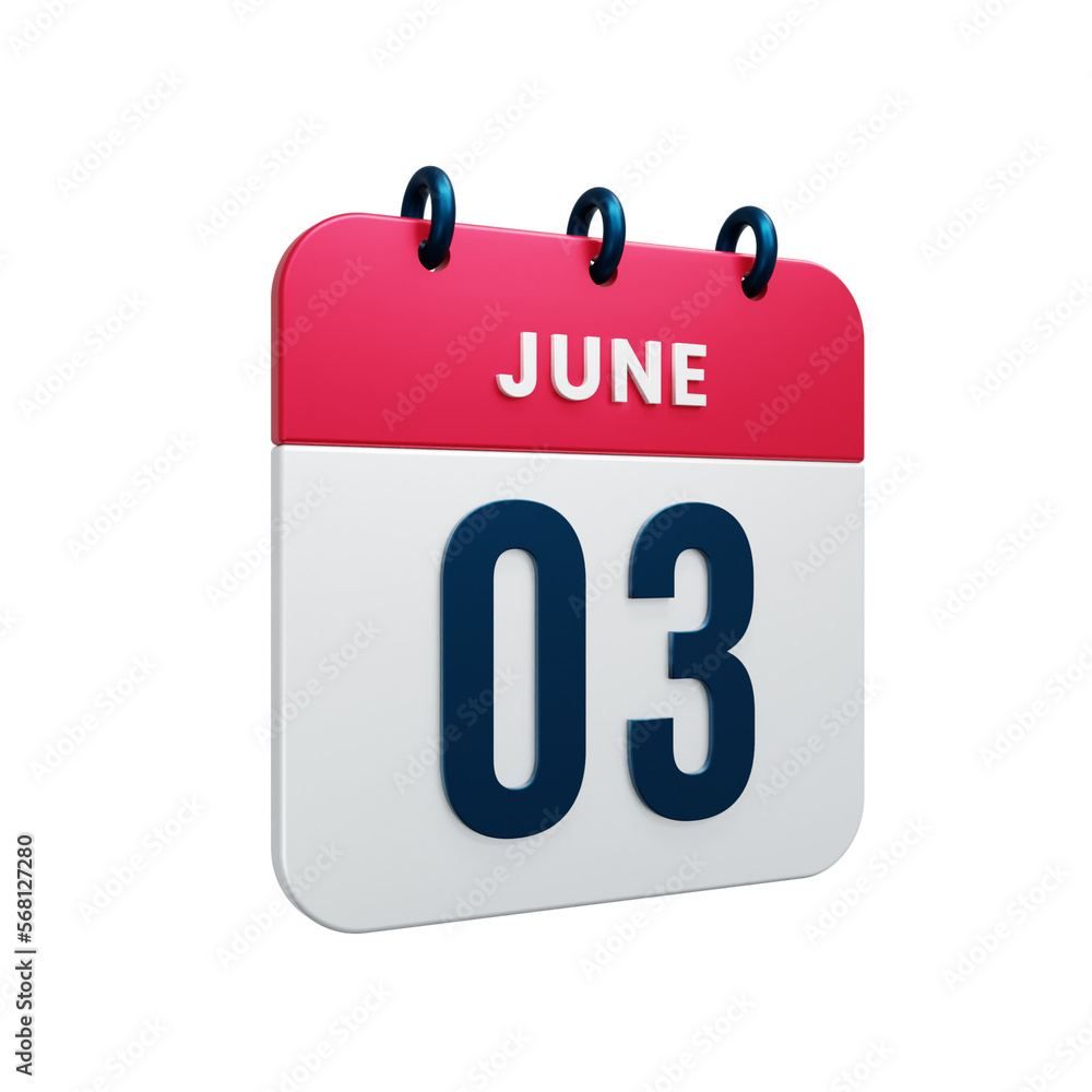 June Realistic Calendar Icon 3D Rendered Date June 03 June Realistic Calendar Icon 3D Rendered Date June 03