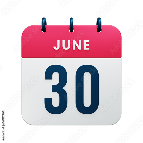 June Realistic Calendar Icon 3D Rendered Date June 30