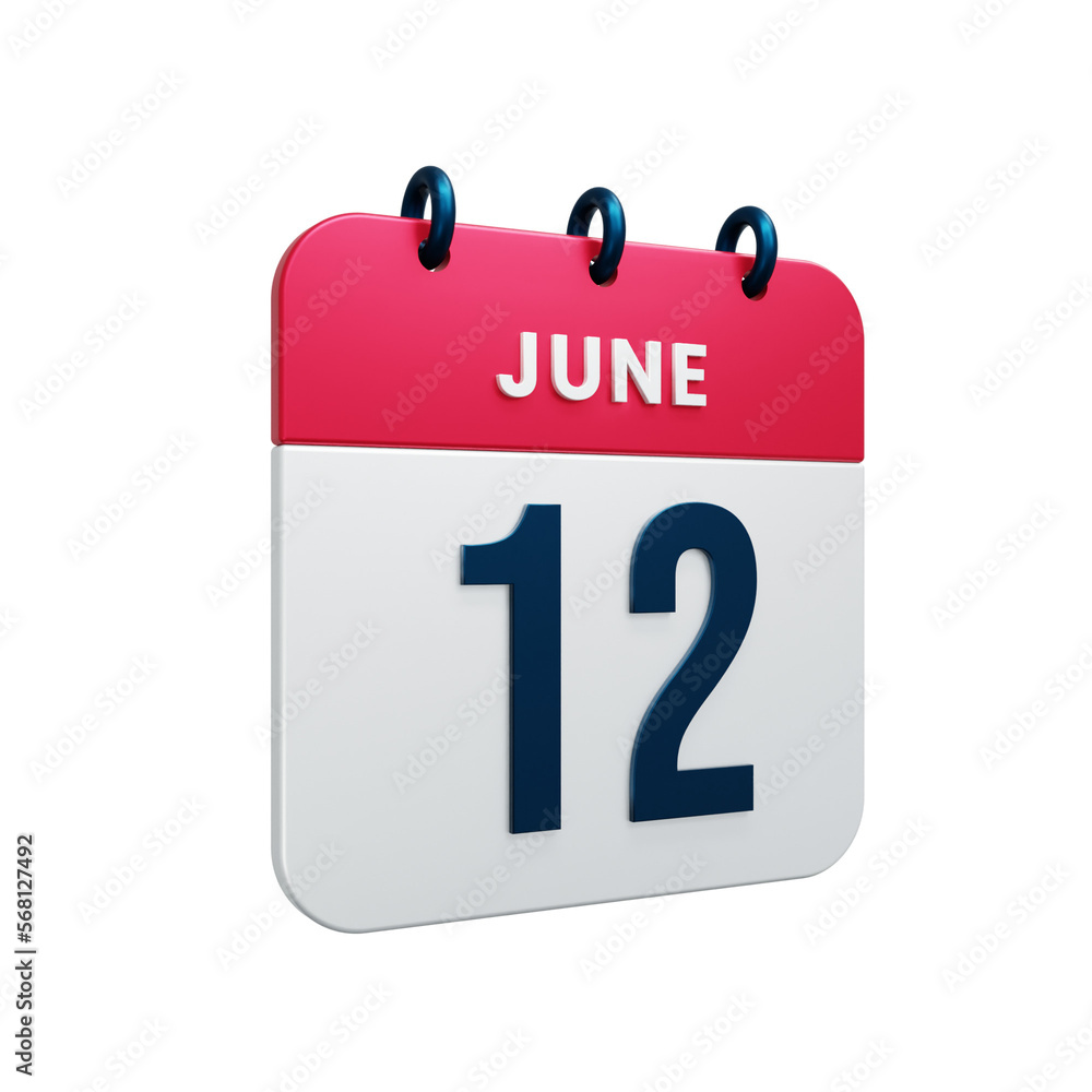 June Realistic Calendar Icon 3D Rendered Date June 12 June Realistic Calendar Icon 3D Rendered Date June 12