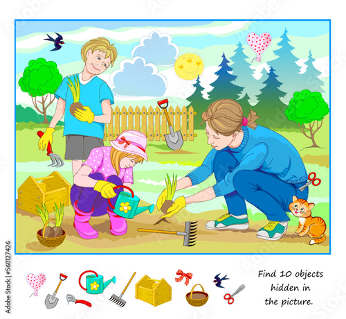 Logic puzzle game for kids. Find 10 objects hidden in the picture. Children working in the spring garden. Educational page. Play online. IQ test. Task for attentiveness. Vector cartoon Illustration.