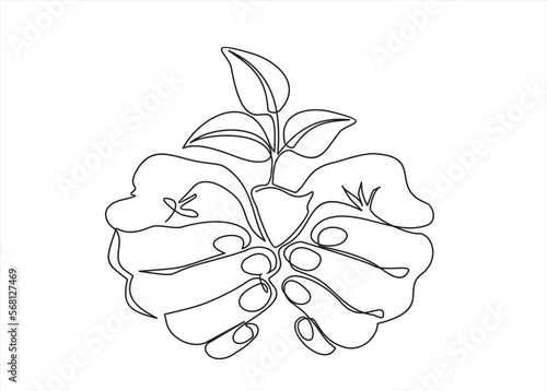 Single continuous line of hands holding tree leaf. Plant leaves grow planet Earth seedling eco natural concept design sketch drawing vector illustration art 