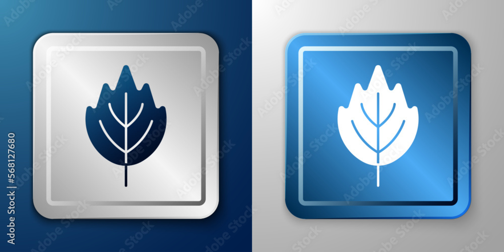 White Leaf icon isolated on blue and grey background. Leaves sign. Fresh natural product symbol. Silver and blue square button. Vector White Leaf icon isolated on blue and grey background. Leaves sign. Fresh natural product symbol. Silver and blue square button. Vector