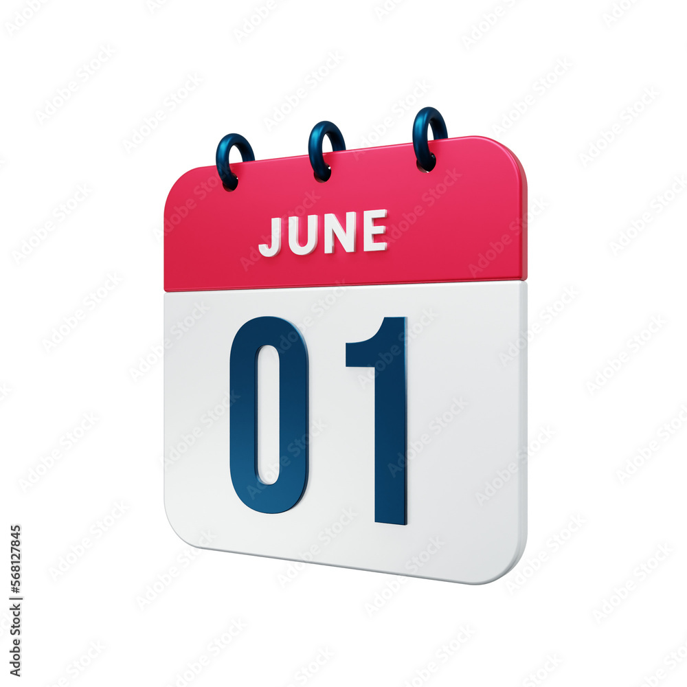 June Realistic Calendar Icon 3D Rendered Date June 01 June Realistic Calendar Icon 3D Rendered Date June 01