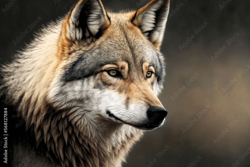 Fototapeta premium Captive grey wolf (Canis lupus) portrait. Generative AI