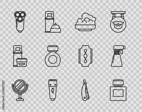 Set line Round makeup mirror, Aftershave, Shaving gel foam, Electrical hair clipper shaver, razor blade for men, Straight and Hairdresser pistol spray bottle icon. Vector