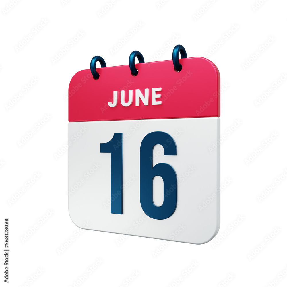 June Realistic Calendar Icon 3D Rendered Date June 16 June Realistic Calendar Icon 3D Rendered Date June 16