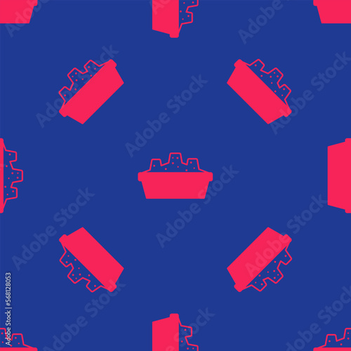 Red Sandbox for kids with sand icon isolated seamless pattern on blue background. Vector