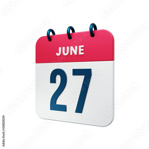 June Realistic Calendar Icon 3D Rendered Date June 27