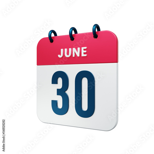 June Realistic Calendar Icon 3D Rendered Date June 30