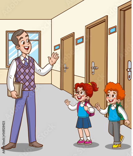 teacher and students greet at school cartoon vector 
