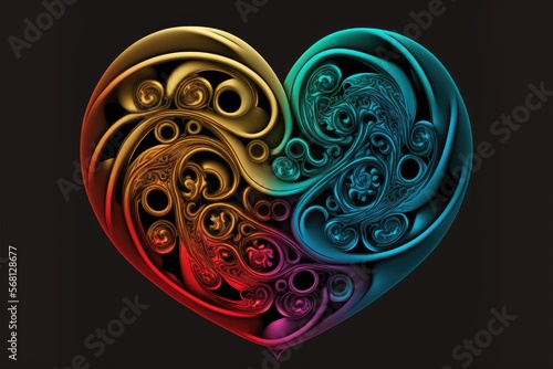 Colorful fractal heart on black background. Computer generated graphics.