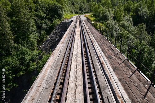 Long empty railroad track rails through the forest parks in Alaska