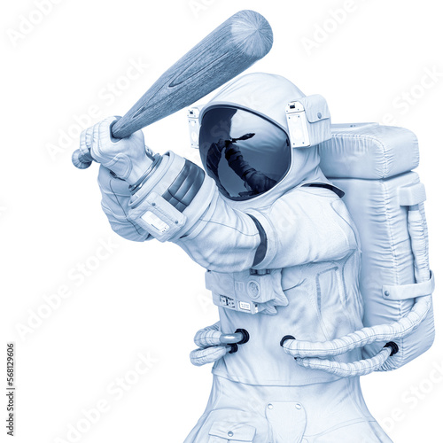 astronaut is attacking with a baseball bat pose three