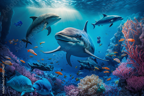 3d wallpaper underwater world with reefs, dolphins and other fish