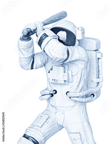 astronaut is attacking with a baseball bat