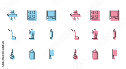 Set line Pizza knife, Cutting board, Kitchen extractor fan, Meat chopper, Blender, Rolling pin, ladle and Gas stove icon. Vector