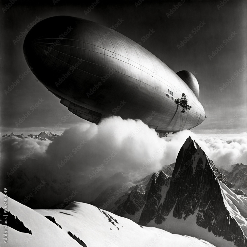 Obraz premium Historic photography of zeppelin passing over the mountains, generative ai