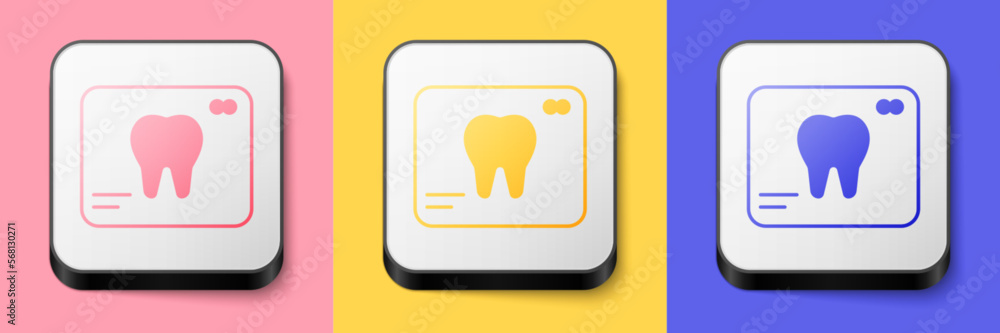 Isometric X-ray of tooth icon isolated on pink, yellow and blue background. Dental x-ray. Radiology image. Square button. Vector Isometric X-ray of tooth icon isolated on pink, yellow and blue background. Dental x-ray. Radiology image. Square button. Vector