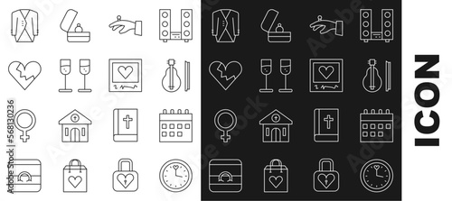 Set line Clock, Calendar, Violin, Wedding rings on hand, Glass of champagne, Broken heart or divorce, Suit and Photo frames hearts icon. Vector