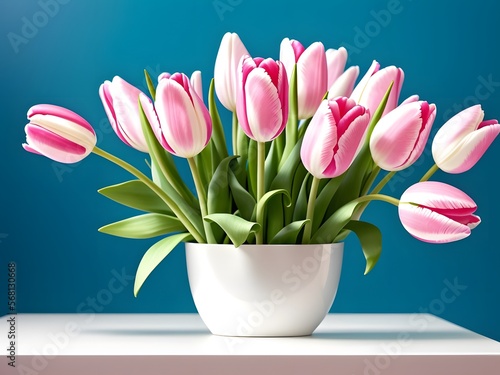 Bright Tulips on Desk - Isolated on White