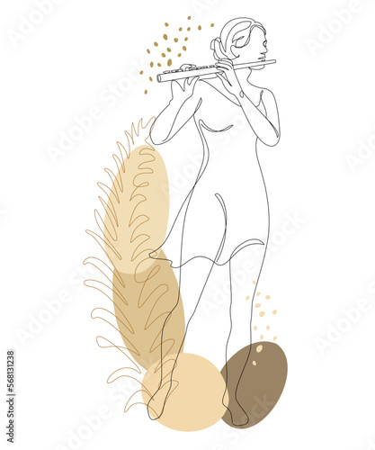 Silhouette of a beautiful woman with a flute and a leaf of a plant in a modern continuous line style. Flutist, slender. Outline decor, posters, stickers, logo. Vector illustration