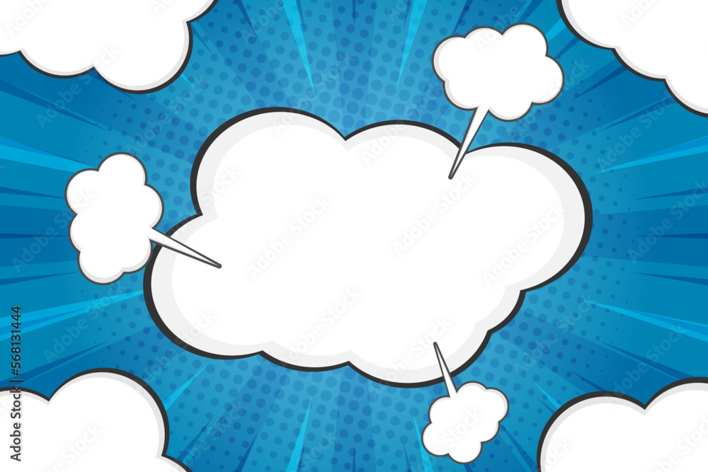 Blue comic speech bubble clouds background template with rays, vector illustration