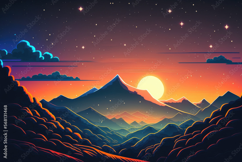 Starry night sky in the foreground with the sun rising in the distance. Beautiful view from the mountain's peak. Generative AI