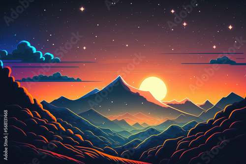 Starry night sky in the foreground with the sun rising in the distance. Beautiful view from the mountain s peak. Generative AI