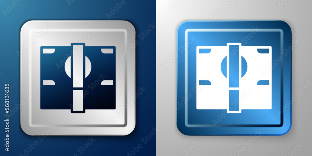 White Stacks paper money cash icon isolated on blue and grey background. Money banknotes stacks. Bill currency. Silver and blue square button. Vector White Stacks paper money cash icon isolated on blue and grey background. Money banknotes stacks. Bill currency. Silver and blue square button. Vector