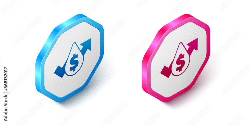 Isometric Oil price increase icon isolated on white background. Oil industry crisis concept. Hexagon button. Vector Isometric Oil price increase icon isolated on white background. Oil industry crisis concept. Hexagon button. Vector