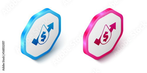 Isometric Oil price increase icon isolated on white background. Oil industry crisis concept. Hexagon button. Vector